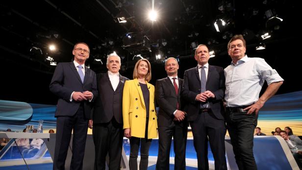 Die EU-Spitzenkandidaten Karas, Voggenhuber Gamon, Schieder, Vilimsky und Kogler.