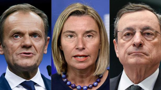 Alle fünf treten ab: Parlamentspräsident Antonio Tajani (l.); Ratspräsident Donald Tusk, EU-Außenbeauftragte Federica Mogherini, EZB-Chef Mario Draghi und EU-Kommissionspräsident Jean-Claude Juncker (r.)