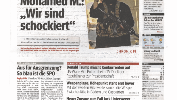 Titelseite des Kurier vom 8. August 2015 mit dem Titel „Vater von Mohamed M.: Wir sind schockiert“.