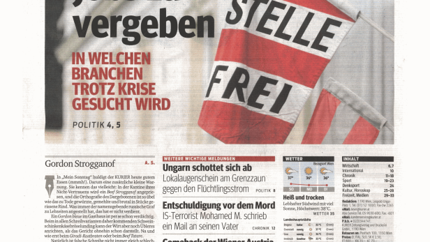 Titelseite der Zeitung „Kurier am Sonntag“ vom 9. August 2015.