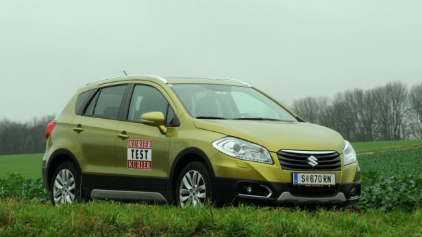 Ein goldfarbener Suzuki steht auf einer Wiese.
