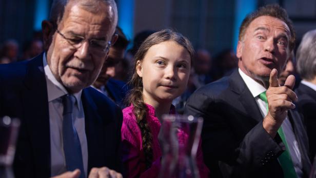Bundespräsident Alexander Van der Bellen, Klima-Aktivistin Greta Thunberg und R20-Gründer Arnold Schwarzenegger (v.l.).