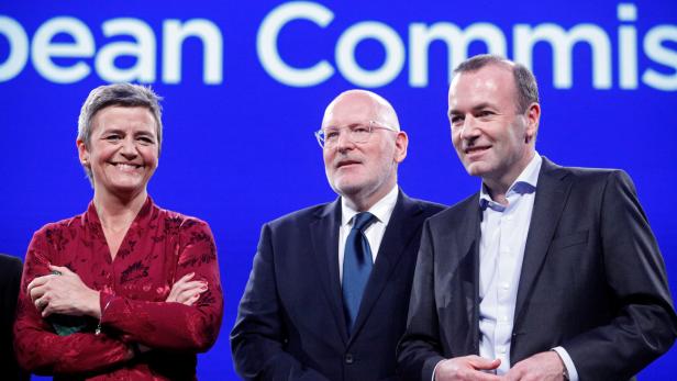 Anwärter für Kommissionsvorsitz: Vestager, Timmermans, Weber (von links).