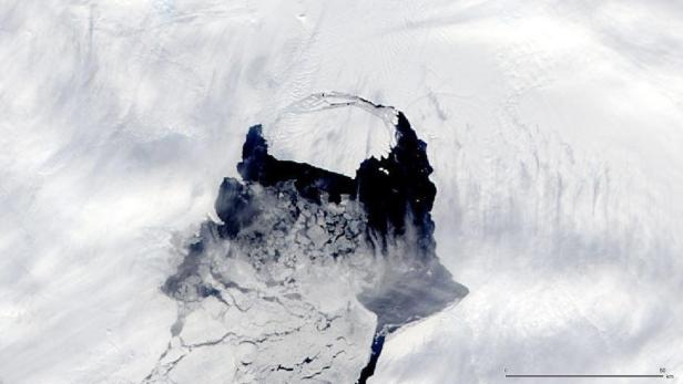 Satellitenansicht eines großen Eisbergs, der sich vom antarktischen Festland gelöst hat.