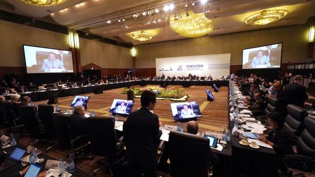 Participants gather prior to the G-20 finance ministers and central bank governors meeting in Fukuoka