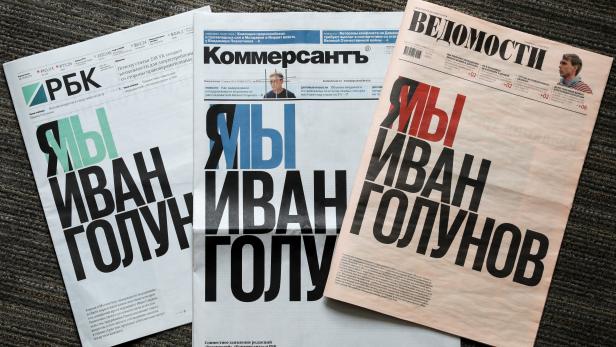 Russia's leading newspapers' front pages in support of detained journalist Golunov are pictured in Moscow
