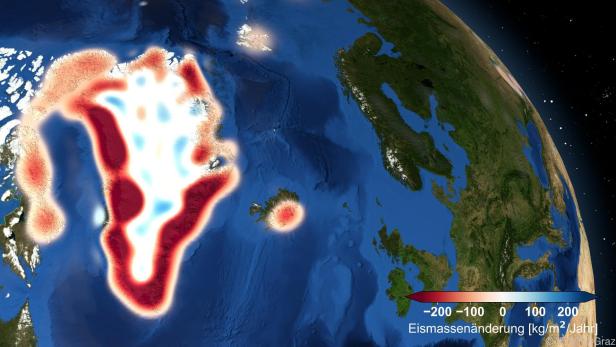 Die Grafik zeigt (basierend auf GOCO06S) den Eismassenverlust in Grönland