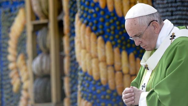 Papst Franziskus steht mit gesenktem Kopf und gefalteten Händen vor einer Dekoration aus Maiskolben.