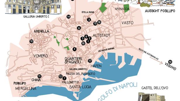 Eine Karte von Neapel mit Sehenswürdigkeiten wie der Galleria Umberto I und dem Vesuv.