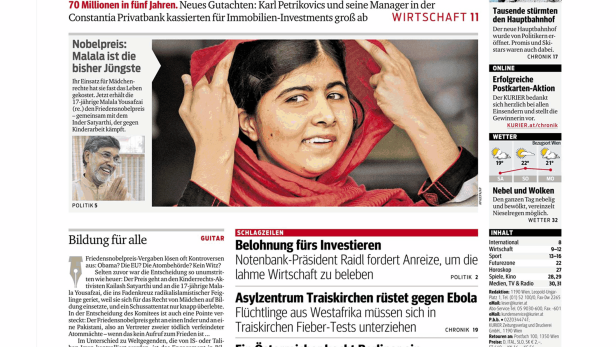 Titelseite des Kurier vom 11. Oktober 2014 mit Nachrichten zu Wirtschaft, Politik und Kultur.
