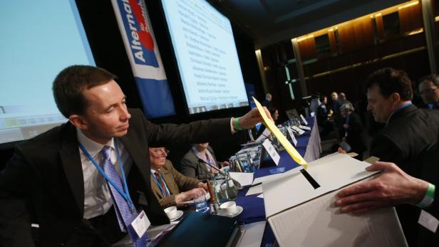 Ein Mann wirft einen gelben Zettel in eine Wahlurne bei einer Veranstaltung der AfD.