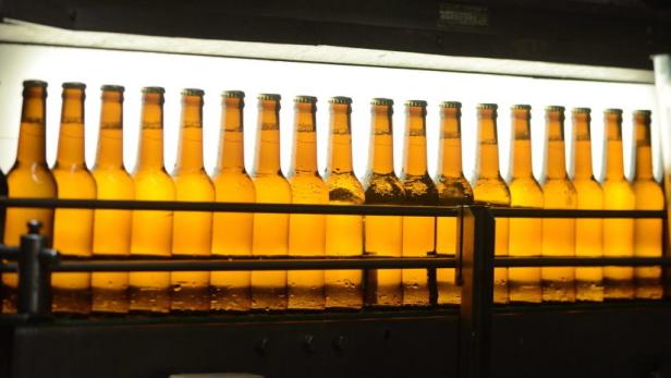 Viele Bierflaschen stehen auf einem Förderband.