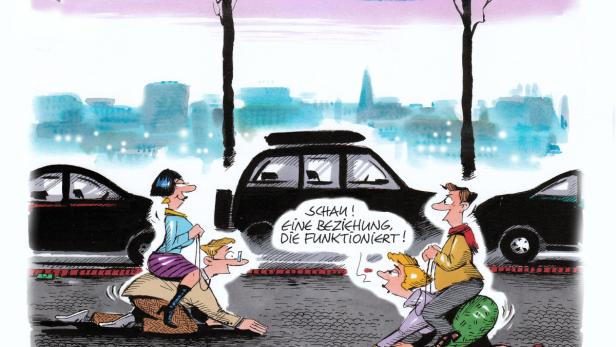 Eine Karikatur zeigt zwei Paare, die sich gegenseitig auf dem Rücken durch den Autoverkehr tragen.