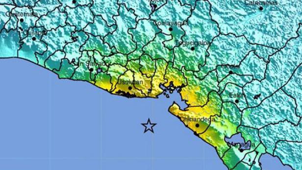 Eine Erdbebenkarte von El Salvador und Nicaragua mit Epizentrum im Pazifik.