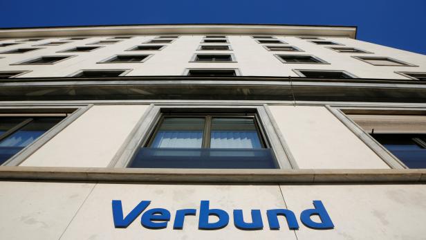 The logo of Austrian hydropower producer Verbund is seen on their headquarters in Vienna