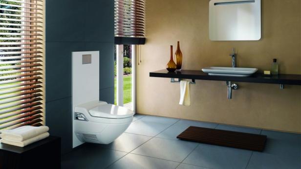 Ein modernes Badezimmer mit einer wandhängenden Toilette und einem Waschtisch.