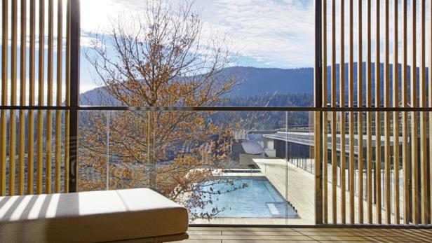 Blick von einer Terrasse auf einen Pool und eine bewaldete Hügellandschaft.