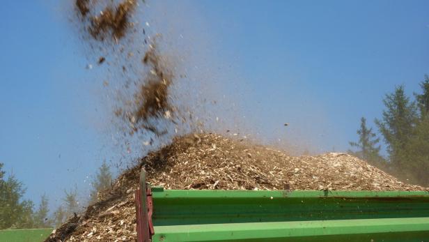 Holzhackschnitzel werden in einen grünen Anhänger gekippt.