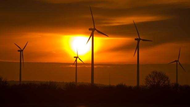 Sonnenaufgang taucht Windpark in farbenprächtiges Licht.