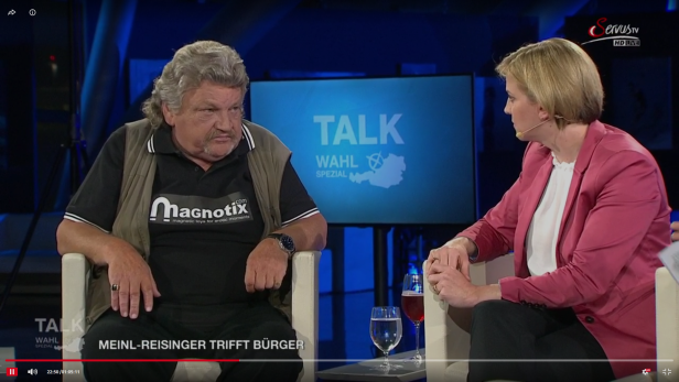 ServusTV-Talk: Meinl-Reisingers Sitznachbar warb mit Shirt für Sex-Shop