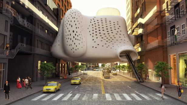 Ein futuristisches, weißes Gebäude überspannt eine Straße mit gelben Taxis in einer Stadt.