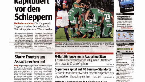Titelseite des Kurier vom 13. August 2015 mit Schlagzeilen zu Flüchtlingen, Sport und Politik.