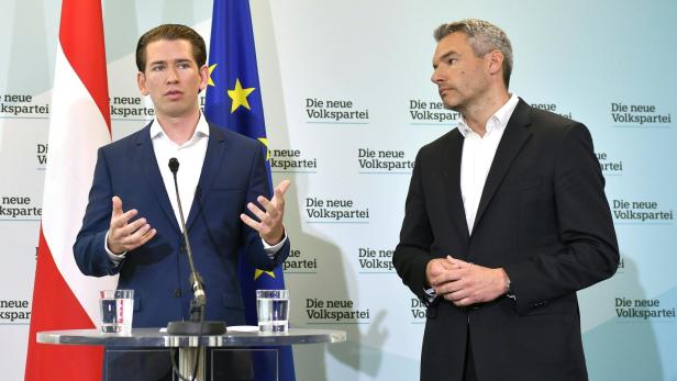 ÖVP-Chef Sebastian Kurz (ÖVP) und Generalsekretär Karl Nehammer (ÖVP) am Montag, 17. Juni 2019, anl. der PK &quot;Fälschungsskandal