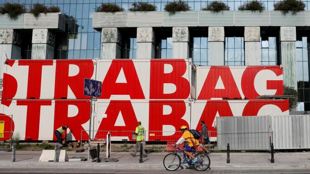 Logo of the construction company Strabag is seen at a construction site in front of the Supreme Court in Warsaw