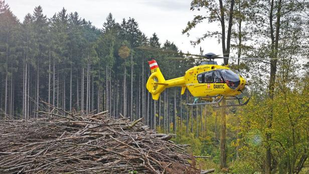 Ein gelber Rettungshubschrauber des ÖAMTC fliegt über einen Wald.