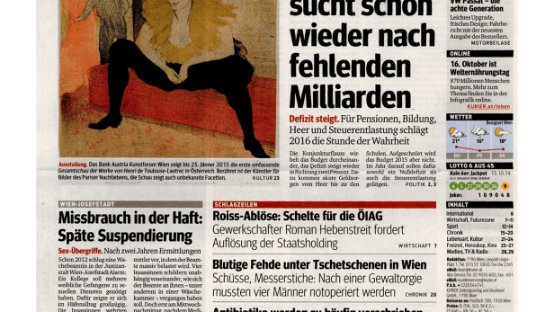 Titelseite der Zeitung Kurier vom 16. Oktober 2014.