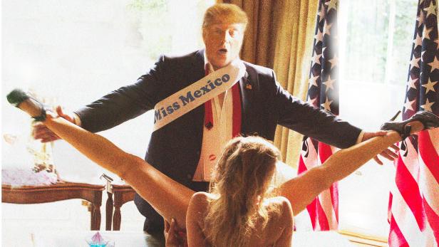 Fake: Ein Lookalike von Donald Trump spreizt der Miss Mexico am Schreibtisch die Beine. Foto von Alison Jackson.