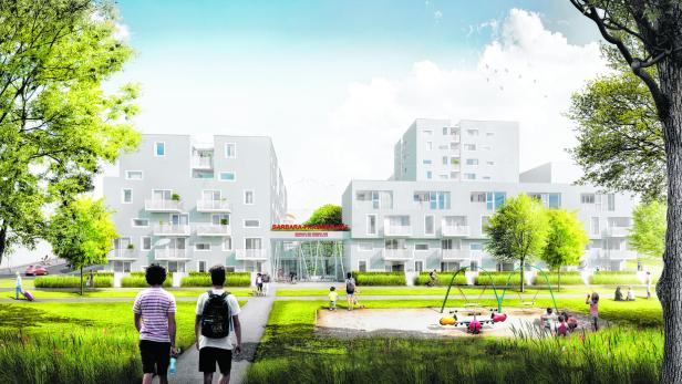 Drei Höfe – ein Wohncluster: Grün- und Freiflächen sind das gemeinschaftliche Herz des Projekts in der Fontanastraße im 10. Bezirk,