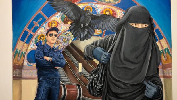 Pasmur Rachuiko kombiniert wild seine Selbstporträts in Polizeiuniform mit Stadtansichten, Burka-Trägerinnen und Tieren