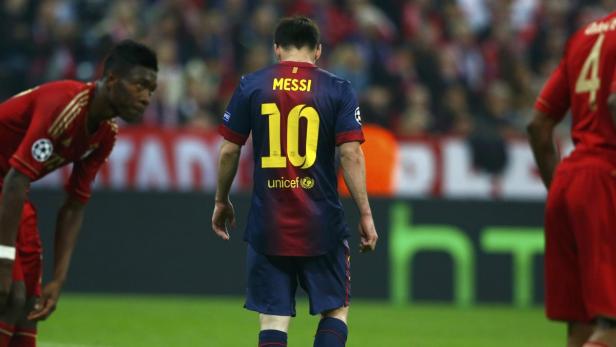 Barcelona&#039;s Lionel Messi reacts during his Champions League semi-final first leg soccer match against Bayern Munich at Arena stadium in Munich, April 23, 2013. REUTERS/Michael Dalder (GERMANY - Tags: SPORT SOCCER)