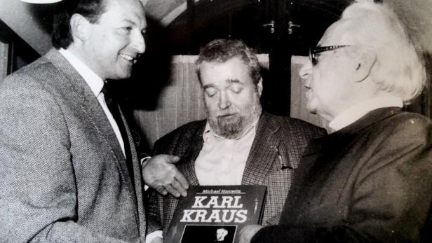 Karl-Kraus-Buchpräsentation, 1986: Hans Weigel, Helmut Qualtinger, Michael Horowitz (v. r. n. l.)