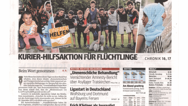 Titelseite des Kurier vom 15. August 2015 mit dem Titel „Kurier-Hilfsaktion für Flüchtlinge“.