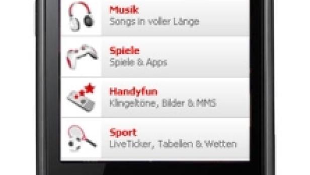Ein schwarzes Samsung-Smartphone zeigt ein Menü mit Optionen wie Musik, Spiele und Sport.