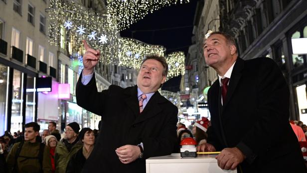 Bürgermeister Michael Ludwig (SPÖ) und Kammerpräsident Walter Ruck schauen gemeinsam in die elektrischen Sterne.