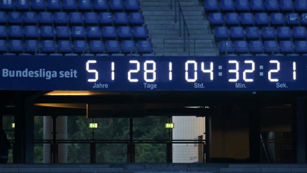 The clock shows the time how long Hamburg SV team is in Bundesliga during the club's German Bundesliga second leg relegation playoff soccer match against Karlsruhe SC, at a stadium in Hamburg