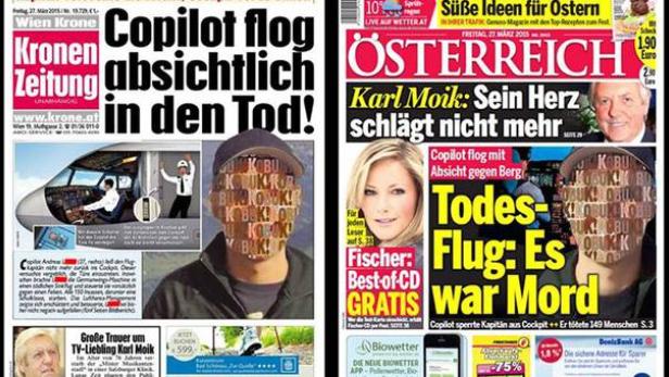 Titelseiten der „Kronen Zeitung“ und „Österreich“ über den Germanwings-Flug 9525.