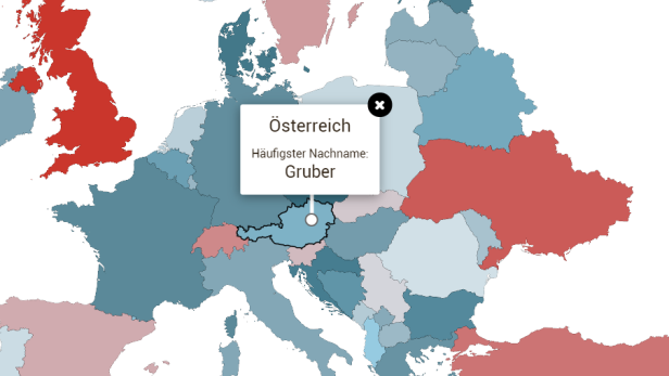 Grafik von Europa. "Gruber" ist in Österreich als häufigster Nachname angegeben.