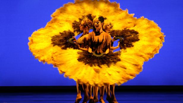 Drei Tänzerinnen in gelben Federkostümen und mit Fächern auf einer Bühne.