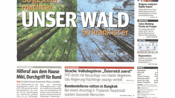 Titelseite des Kurier vom 18. August 2015 mit Artikeln zu verschiedenen Themen.