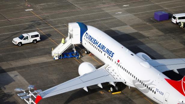FILE PHOTO: An aerial photo shows a worker climbing up to a Turkish Airlines Boeing 737 MAX airplane grounded at Boeing Field in Seattl