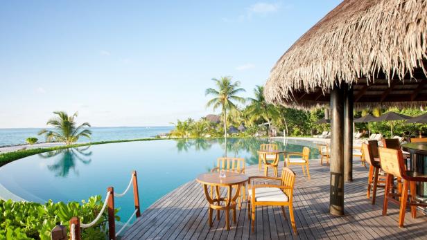 Ein Pool grenzt an das Meer, umgeben von Palmen und einem strohgedeckten Pavillon.