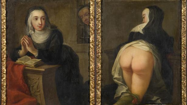 Ein zweiteiliges Gemälde zeigt eine Nonne beim Beten und eine Nonne, die ihr Gesäß entblößt.