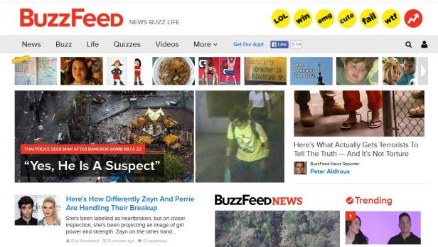 Screenshot der BuzzFeed-Website mit Nachrichten über den Bombenanschlag in Bangkok.