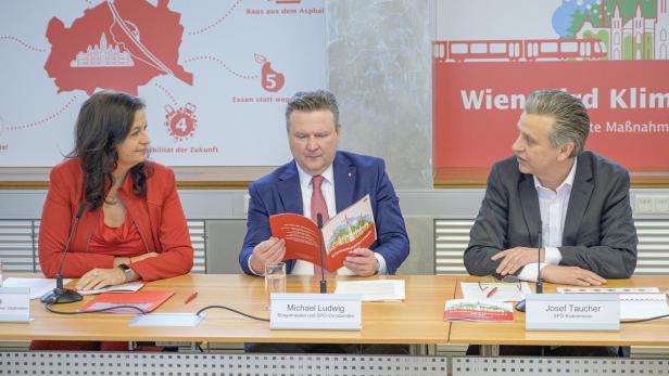Umweltstadträtin Ulli Sima, Bürgermeister Michael Ludwig und Klubchef Josef Taucher präsentierten das Manifest.