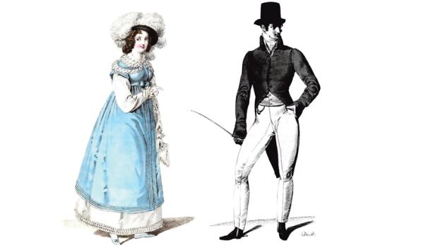 Im Jahr 1816 in der „Wiener Moden-Zeitung“ zu sehen: eine Dame in einem hellblauen Kleid im Empire-Stil und ein Herr in Frack, Weste und langer Hose.