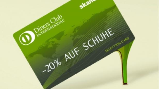 Eine Diners Club International Karte mit einem Schuhabsatz und der Aufschrift „-20% auf Schuhe“.